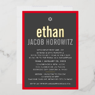 Invitación Con Relieve Metalizado BAR MITZVAH estrella simple nombre moderno oro roj