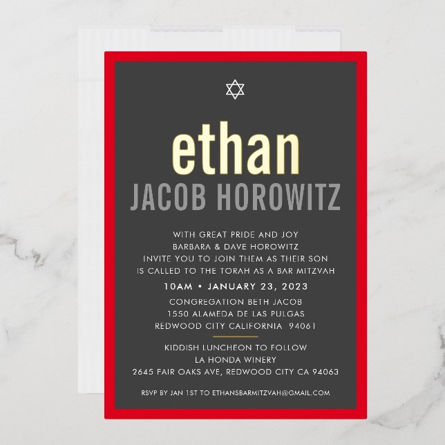 Invitación Con Relieve Metalizado BAR MITZVAH estrella simple nombre moderno oro roj (Sobre)