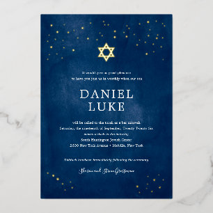 Invitación Con Relieve Metalizado Bar Mitzvah Estrellado de Noche con Acuarela Azul 