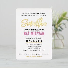 Invitación Con Relieve Metalizado BAR MITZVAH guion moderno rosa bonito dorado