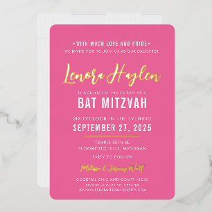 Invitación Con Relieve Metalizado BAR MITZVAH guión moderno rosa dorado bonito