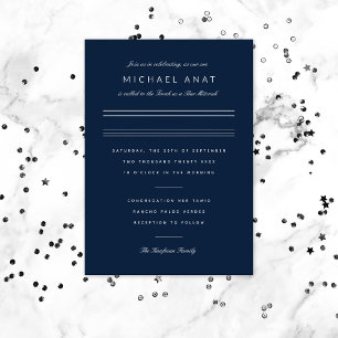 Invitación Con Relieve Metalizado Bar Mitzvah minimalista azul marino plata