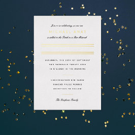 Invitación Con Relieve Metalizado Bar Mitzvah minimalista franja dorada