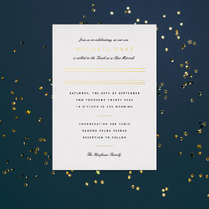Invitación Con Relieve Metalizado Bar Mitzvah minimalista franja dorada