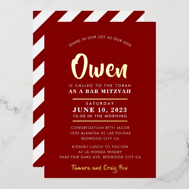 Invitación Con Relieve Metalizado BAR MITZVAH moderna y elegante caligrafía burgundy (Anverso/Reverso)