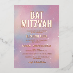 Invitación Con Relieve Metalizado Bar Mitzvah Moderno de Galaxia en Rosa Dorado