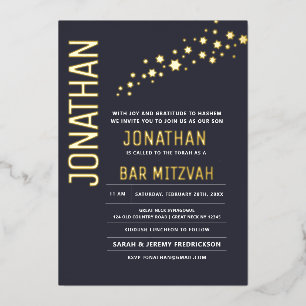Invitación Con Relieve Metalizado Bar Mitzvah Moderno Elegante ESTRELLAS de ORO REAL