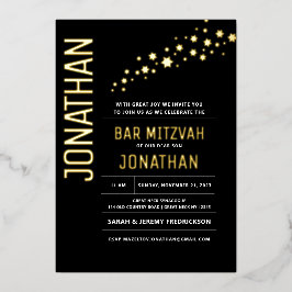Invitación Con Relieve Metalizado Bar Mitzvah Moderno Elegante Negro con Hojuela de