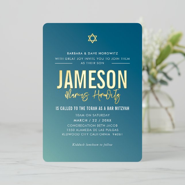 Invitación Con Relieve Metalizado BAR MITZVAH moderno estrella gradiente de menta az (Anverso de pie)