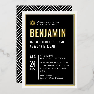 Invitación Con Relieve Metalizado BAR MITZVAH moderno geométrico minimalista negro b