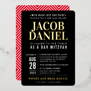 Invitación Con Relieve Metalizado BAR MITZVAH moderno minimalista audaz niño negro r