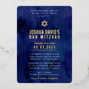 Invitación Con Relieve Metalizado BAR MITZVAH moderno minimalista azul oscuro acuare