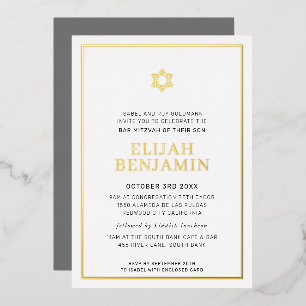 Invitación Con Relieve Metalizado BAR MITZVAH moderno minimalista borde estrella niñ