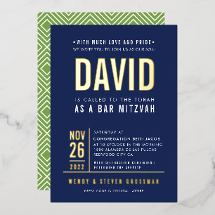 Invitación Con Relieve Metalizado BAR MITZVAH moderno negrita bloque tipo verde mari