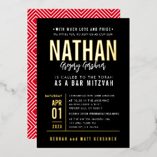 Invitación Con Relieve Metalizado BAR MITZVAH moderno negrita tipografía bloque negr