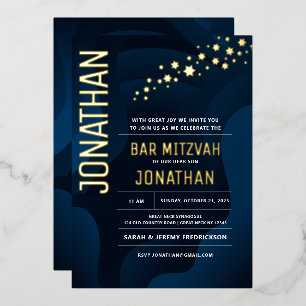 Invitación Con Relieve Metalizado Bar Mitzvah Moderno Olas de Marina de ORO REAL