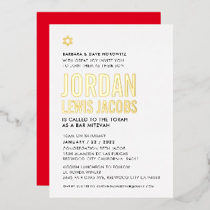 Invitación Con Relieve Metalizado BAR MITZVAH moderno tipo bodl minimalista negro do