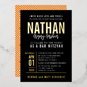 Invitación Con Relieve Metalizado BAR MITZVAH moderno tipo de bloque negrita negro n