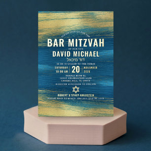 Invitación Con Relieve Metalizado Bar Mitzvah Moderno Tipo Negrita Turquesa Oro Real