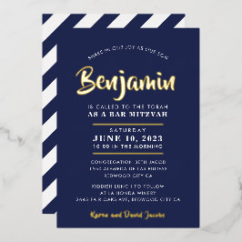 Invitación Con Relieve Metalizado BAR MITZVAH moderno y elegante caligrafía dorada m