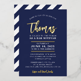 Invitación Con Relieve Metalizado BAR MITZVAH moderno y elegante caligrafía marina o