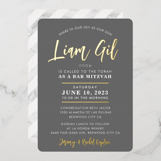 Invitación Con Relieve Metalizado BAR MITZVAH moderno y elegante caligrafía oro gris (Anverso/Reverso)