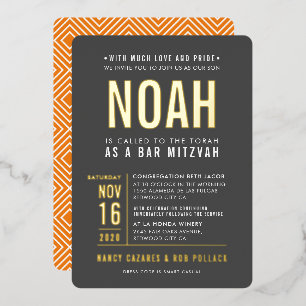 Invitación Con Relieve Metalizado BAR MITZVAH naranja gris tipo bloque negrita moder