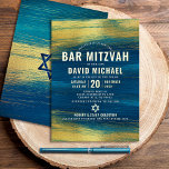 Invitación Con Relieve Metalizado Bar Mitzvah Negrita Tipo moderno Turquoise Real Go<br><div class="desc">¡Siéntete orgulloso, regocijo y exhibe este hito de tu Bar Mitzvah favorito! Envíe esta invitación fresca, única, moderna y personalizada para un evento que recordar. Tipografía audaz y real de Relieve metalizado dorado y Star of David superponen trazos de pincel de oro metálico y un fondo de pintura gris azul...</div>