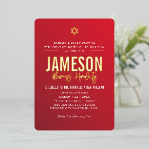 Invitación Con Relieve Metalizado BAR MITZVAH oro moderno estrella rojo gradiente bu