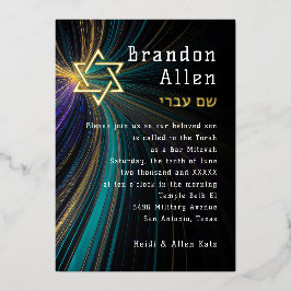 Invitación Con Relieve Metalizado Bar Mitzvah Rays azules y dorados
