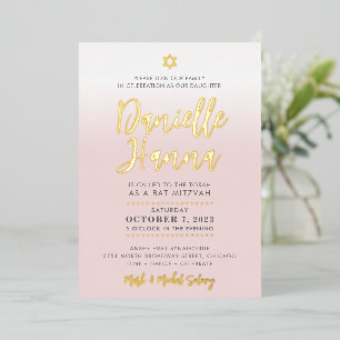 Invitación Con Relieve Metalizado BAR MITZVAH rosa pálido oro Danielle Hanna