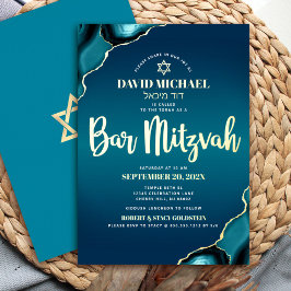 Invitación Con Relieve Metalizado Bar Mitzvah Script Turquoise Ombre Agate Real Gold