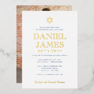 Invitación Con Relieve Metalizado Bar Mitzvah Simplemente Elegante, Foto Real de Oro
