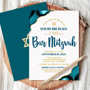 Invitación Con Relieve Metalizado Bar Mitzvah Turquesa Agata Negrita Escritura Oro R