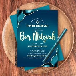 Invitación Con Relieve Metalizado Bar Mitzvah Turquesa Ombre Ágata Escritura Oro Rea