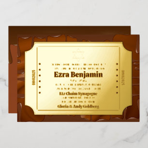 Invitación Con Relieve Metalizado Bar o Bat Mitzvah con barra de chocolate con bolet