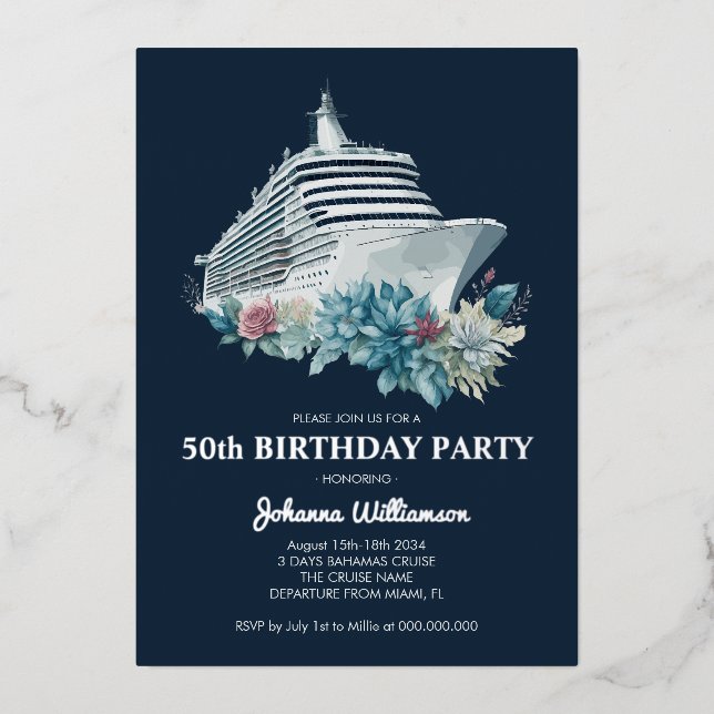 Invitación Con Relieve Metalizado Barco de crucero 50.ª plata de fiesta de cumpleaño (Anverso)