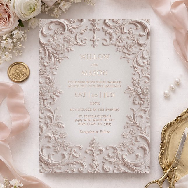 Invitación Con Relieve Metalizado Baroque Elegance Blush Rose Gold Wedding (Baroque Elegance Blush Rose Gold Wedding Foil Invitation)
