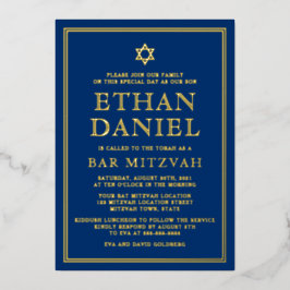 Invitación Con Relieve Metalizado Barra azul de la marina mitzvah Estrella de oro o