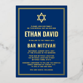 Invitación Con Relieve Metalizado Barra azul oscuro mitzvah Estrella de oro o plata
