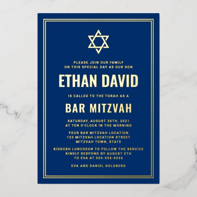 Invitación Con Relieve Metalizado Barra azul oscuro mitzvah Estrella de oro o plata  (Anverso)