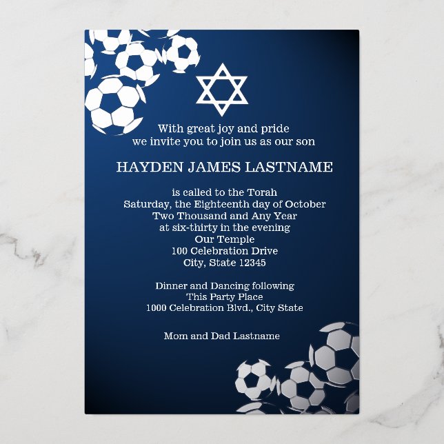 Invitación Con Relieve Metalizado Barra de fútbol Mitzvah (Anverso)
