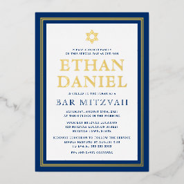 Invitación Con Relieve Metalizado Barra fronteriza de oro azul marino mitzvah Estrel