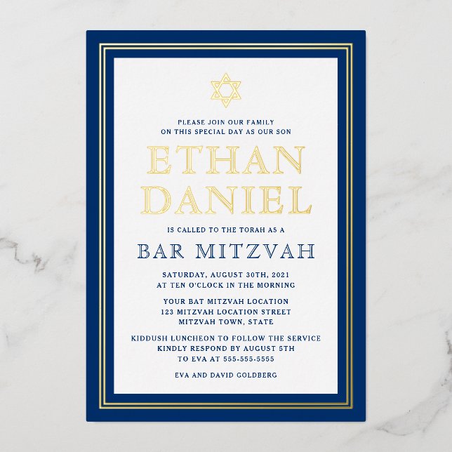 Invitación Con Relieve Metalizado Barra fronteriza de oro azul marino mitzvah Estrel (Anverso)
