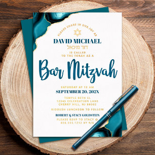 Invitación Con Relieve Metalizado Barra Mitzvah Turquoise Agitación negrita Script R