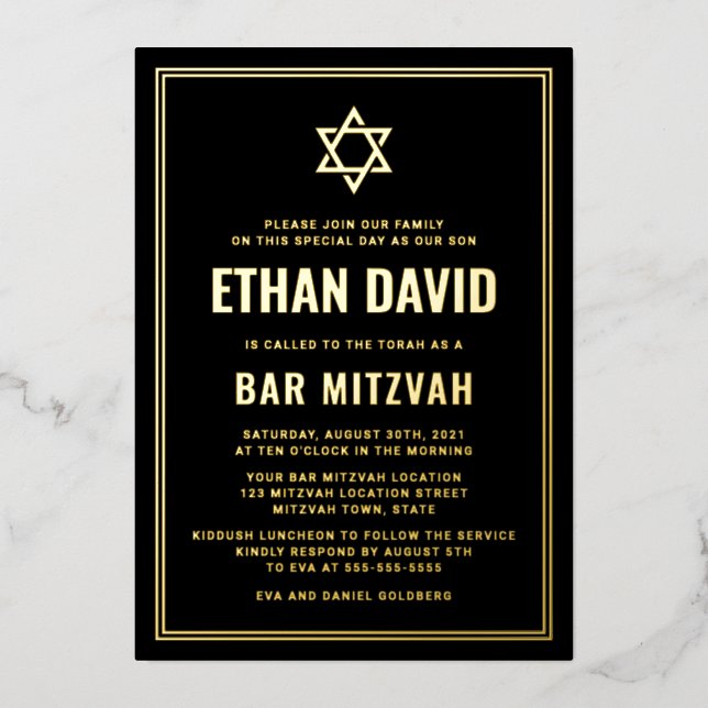 Invitación Con Relieve Metalizado Barra negra mitzvah Estrella de David oro o plata (Anverso)
