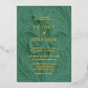 Invitación Con Relieve Metalizado Barroco Floral Boda Verde 