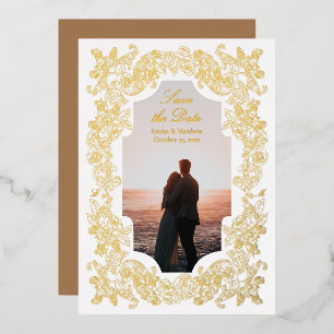 Invitación Con Relieve Metalizado Barroco Foto Save the Date Oro