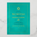Invitación Con Relieve Metalizado Bat de color turquesa y oro Mitzvah Foto de<br><div class="desc">Invitación de Bat Mitzvah del lavado de acuarelas Guay en acentos de personalizable verde azulado - turquesa y dorado a los detalles de su evento.</div>