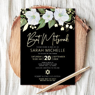 Invitación Con Relieve Metalizado Bat Mitzvah Acuarela Floral Dorado Negro Real